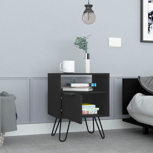 Nightstand 22"H, One Open Shelf, Single Door Cabient, Hairpin Legs, Black - Image 3
