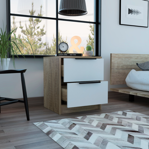 Modern Nightstand 19" H, Two Drawers, White / Light Oak - Image 7