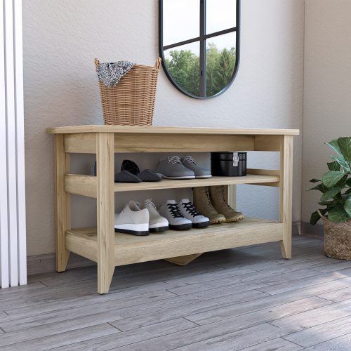 Mason Storage Bench, Two Open Shelves, Light Oak