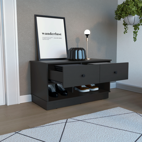Uranus Storage Bench, Two Drawers, Two Open Shelves, Black - Image 3