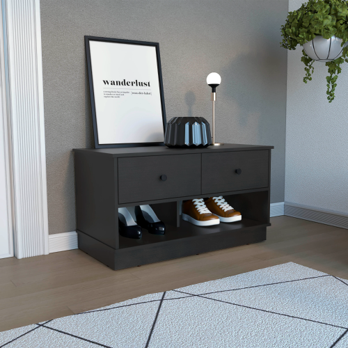 Uranus Storage Bench, Two Drawers, Two Open Shelves, Black