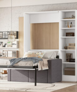 Twin Size Murphy Bed Wall Bed with Sofa,with Shelves,White