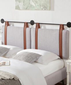 Wall Mounted Headboard Queen with Brown Faux Leather Straps, Linen Fabric Upholstered Headboard with Adjustable Heigh Headboard, Queen Headboard with Metal Bar for Dining Room, Bedroom, Grey