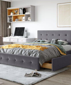Upholstered Platform Bed with Classic Headboard and 4 Drawers, No Box Spring Needed, Linen Fabric, Queen Size Dark gray(OLD SKU :LP000114AAE)