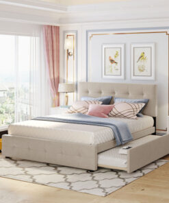 Upholstered Platform Bed with 2 Drawers and 1 Twin XL Trundle,  Linen Fabric, Queen Size - Dark Beige(OLD SKU :LP000314AAA)